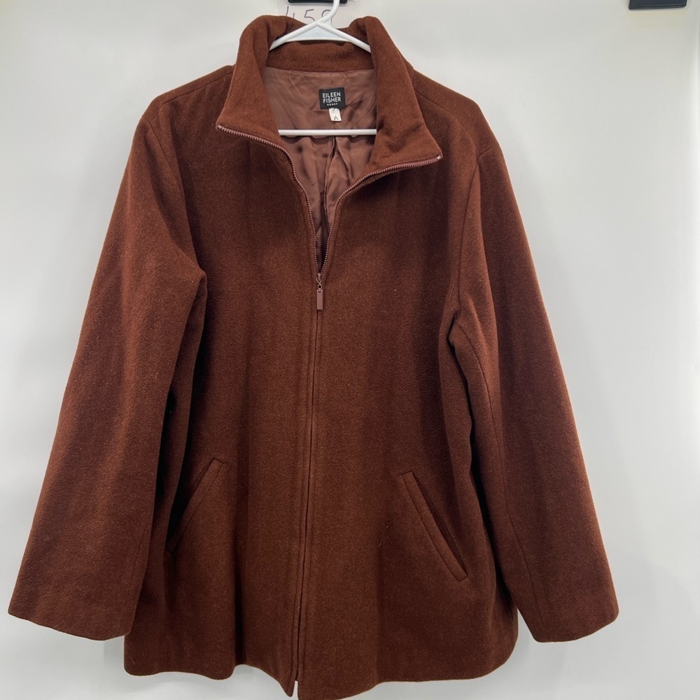 Eileen Fisher brown full zipper coat  size L 100% soft Italian wool